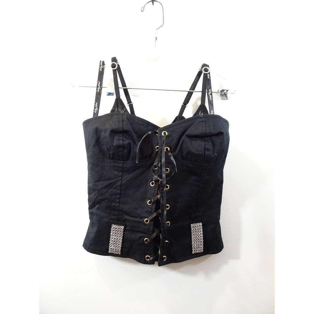 Baby Phat Black Corset Top Y2K Rhinestone Lace Up Logo Straps Size M Whimsygoth